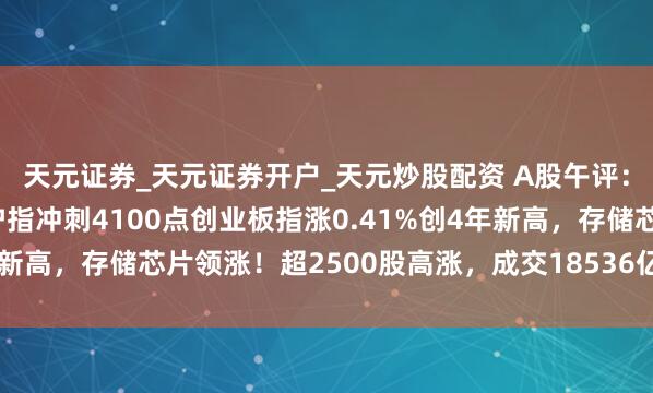 天元证券_天元证券开户_天元炒股配资 A股午评：三大指数集体高涨，沪指冲刺4100点创业板指涨0.41%创4年新高，存储芯片领涨！超2500股高涨，成交18536亿放量575亿